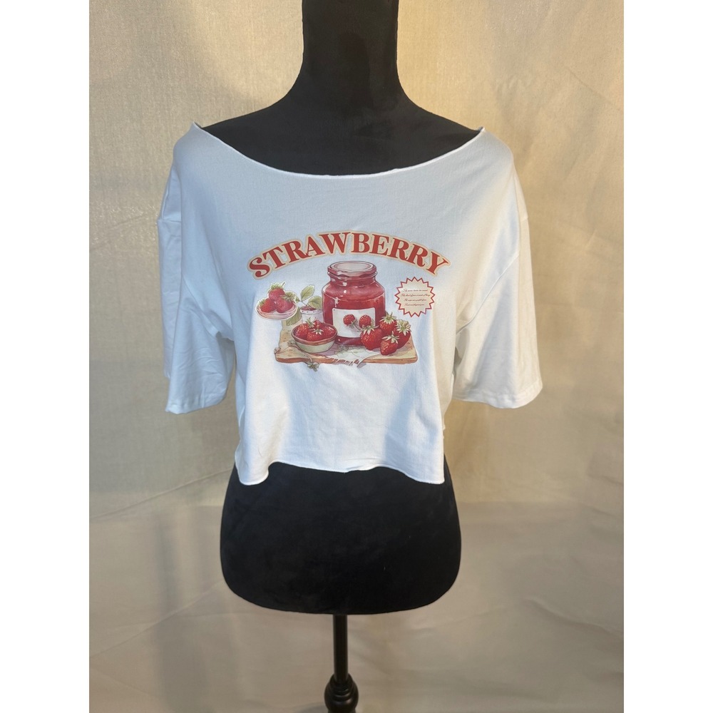 Women White Strawberry Jam Graphic Crop Top T-Shirt Medium Cottagecore